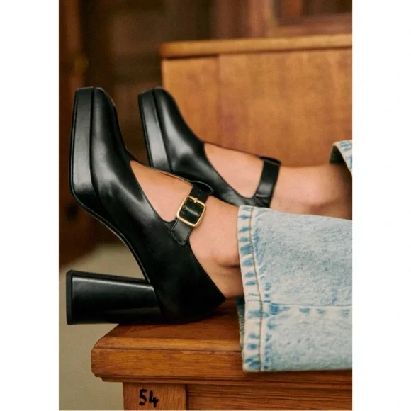 SEZANE Glossy Black Leather Monique High Babies T Strap Platform Mary Jane Heels - Picture 5 of 17